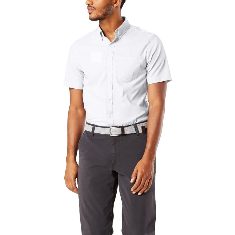 Dockers Men's Classic Fit Short Sleeve Signature Comfort Flex Shirt (Standard and Big & Tall), Paper White , Medium